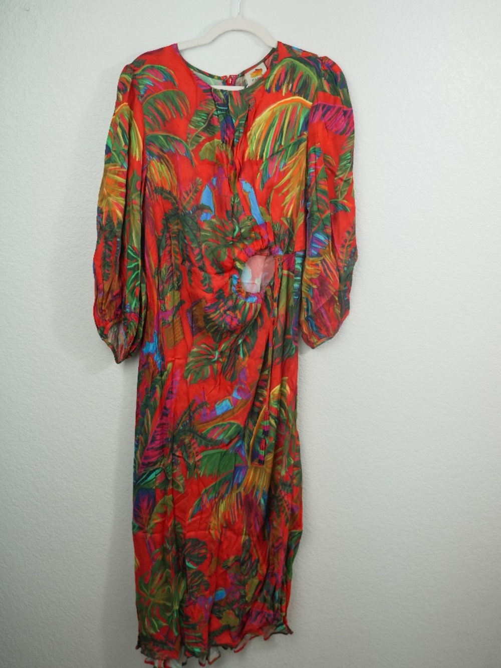 Farm Rio Dress XL Orange Tropical Floral Side Cut-Out Midi Peasant Sleeve